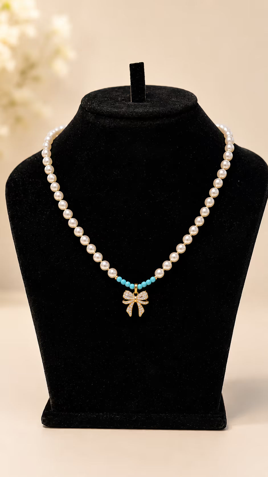 Pearl & Turquoise Bow Pendant Necklace - View 1 - Shop Aizel