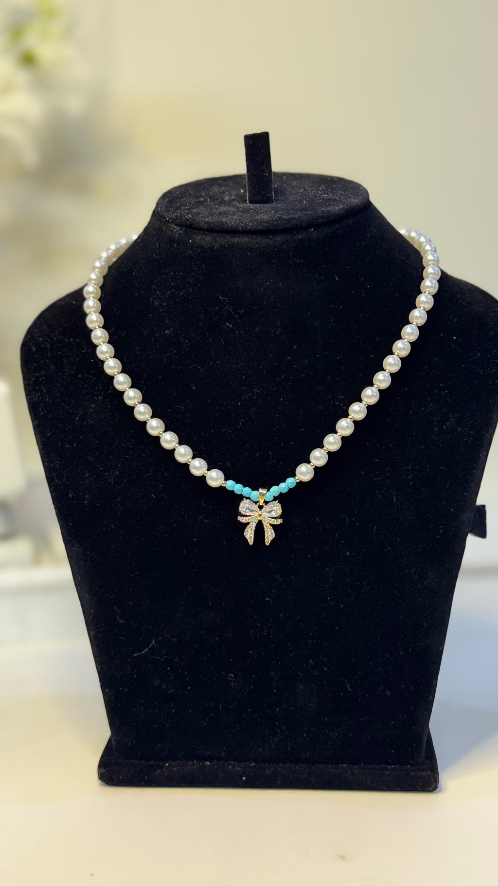 Pearl & Turquoise Bow Pendant Necklace - Original 1 - Shop Aizel