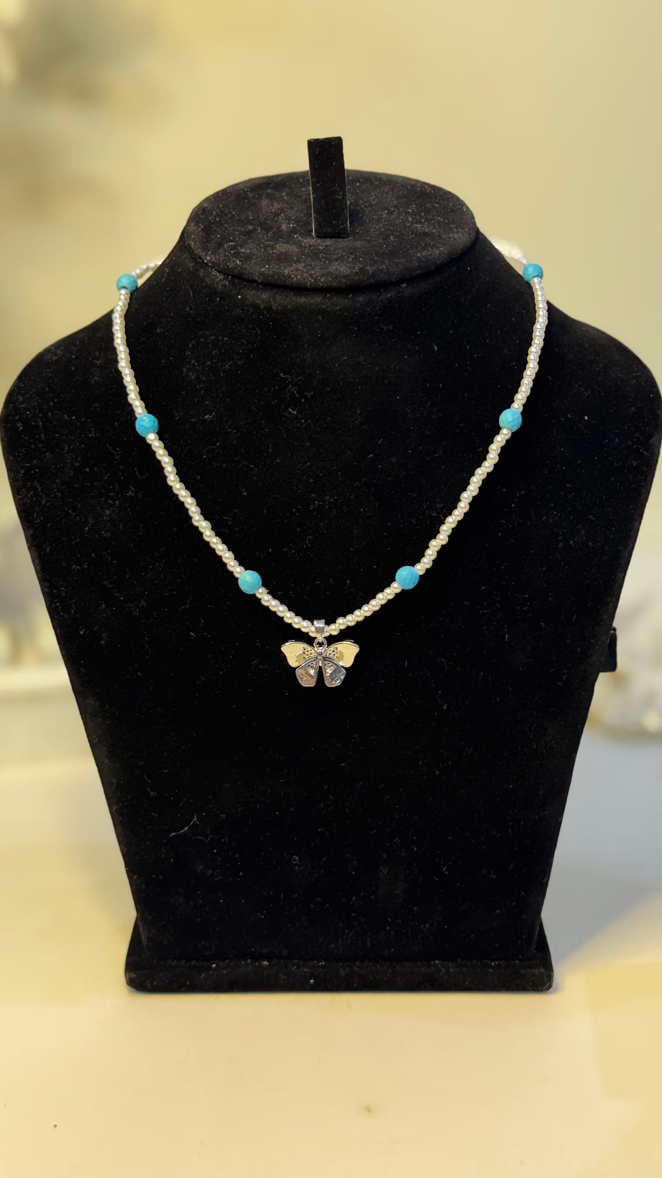 Pearl & Turquoise Butterfly Pendant Necklace - Original 1 - Shop Aizel