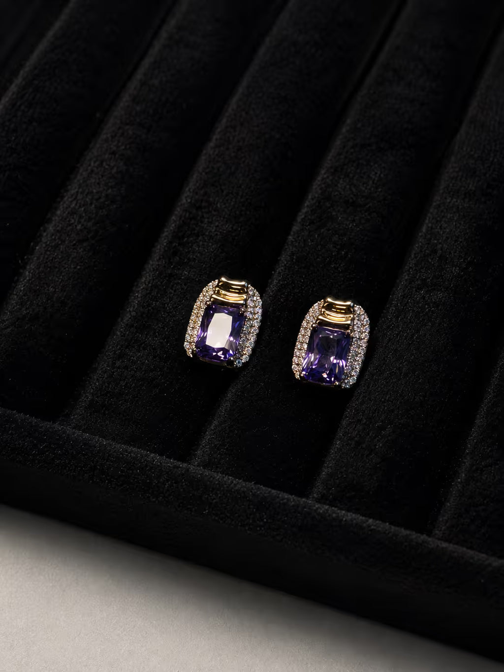 Purple Crystal Rectangular Stud Earrings - View 1 - Shop Aizel