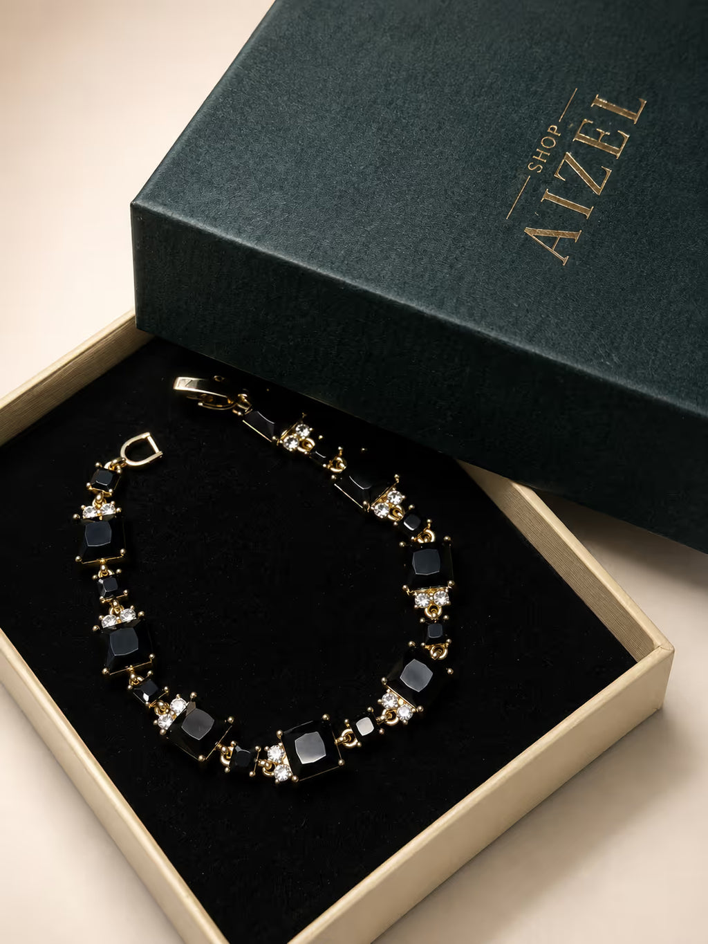 Black Onyx and Gold-Tone Crystal Statement Bracelet - View 1 - Shop Aizel