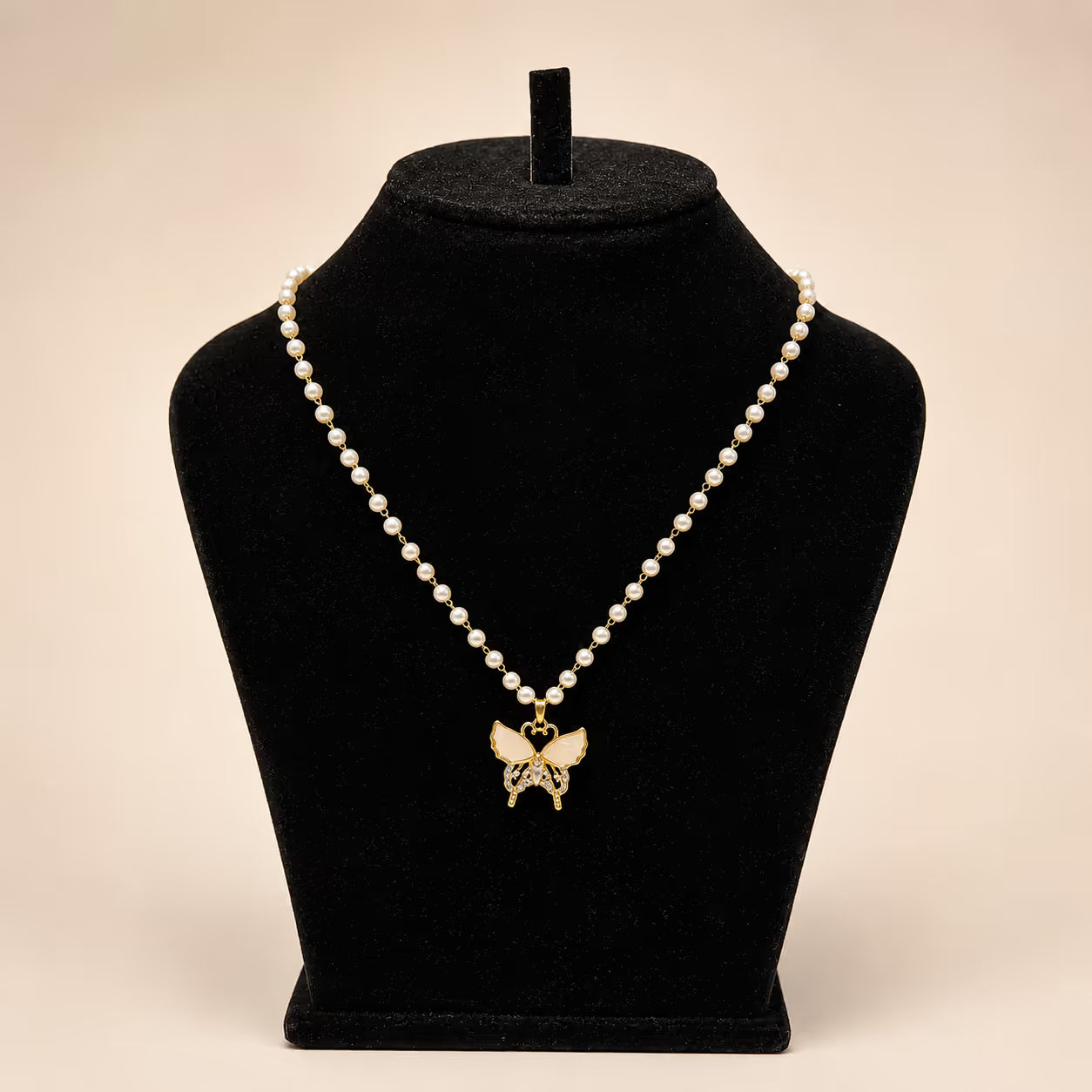 Pearl Chain Gold Butterfly Pendant Necklace - View 1 - Shop Aizel