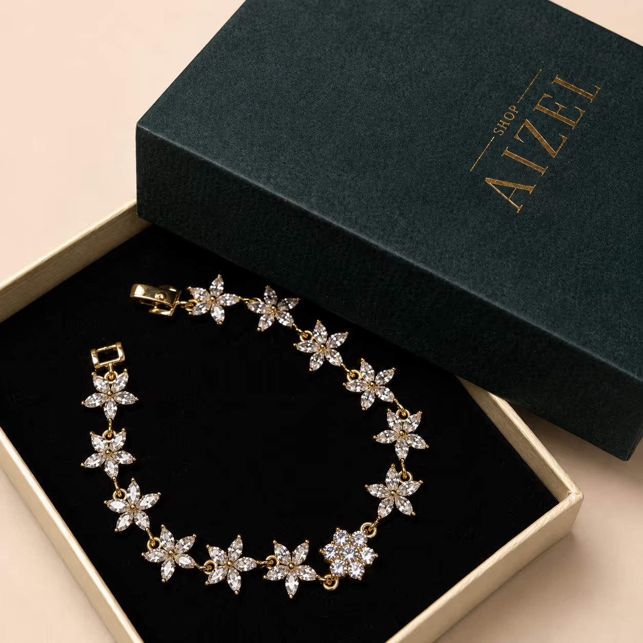 Gold Embellished Floral Crystal Bracelet - View 3 - Shop Aizel