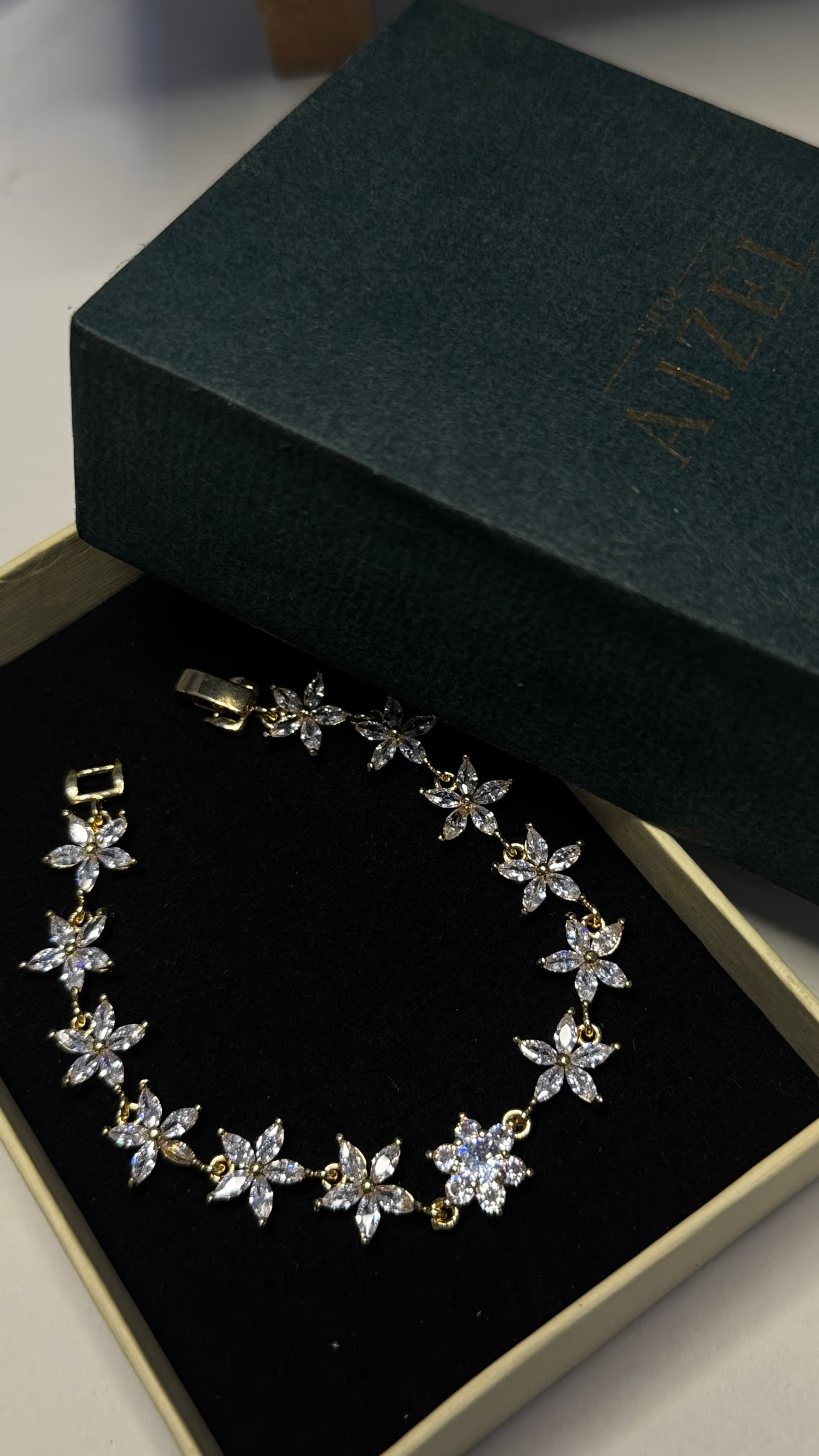 Gold Embellished Floral Crystal Bracelet - View 7 - Shop Aizel