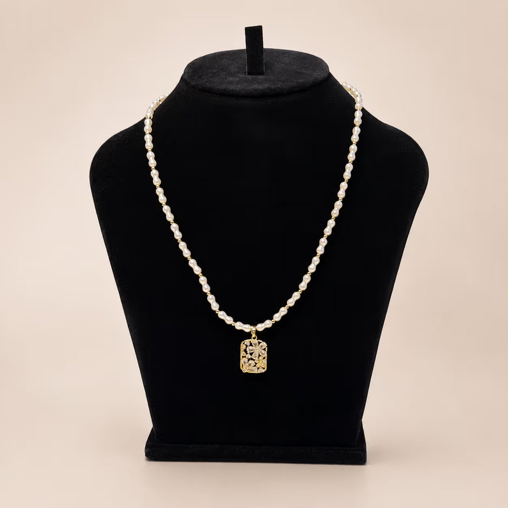 Pearl Beaded Necklace with Gold Floral Pendant - View 1 - Shop Aizel