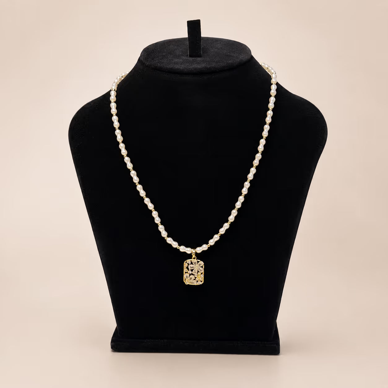 Pearl Beaded Necklace with Gold Floral Pendant - View 1 - Shop Aizel
