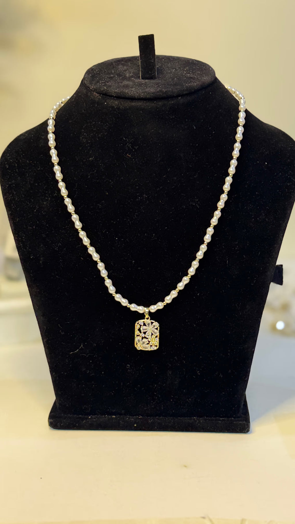 Pearl Beaded Necklace with Gold Floral Pendant - Original 1 - Shop Aizel