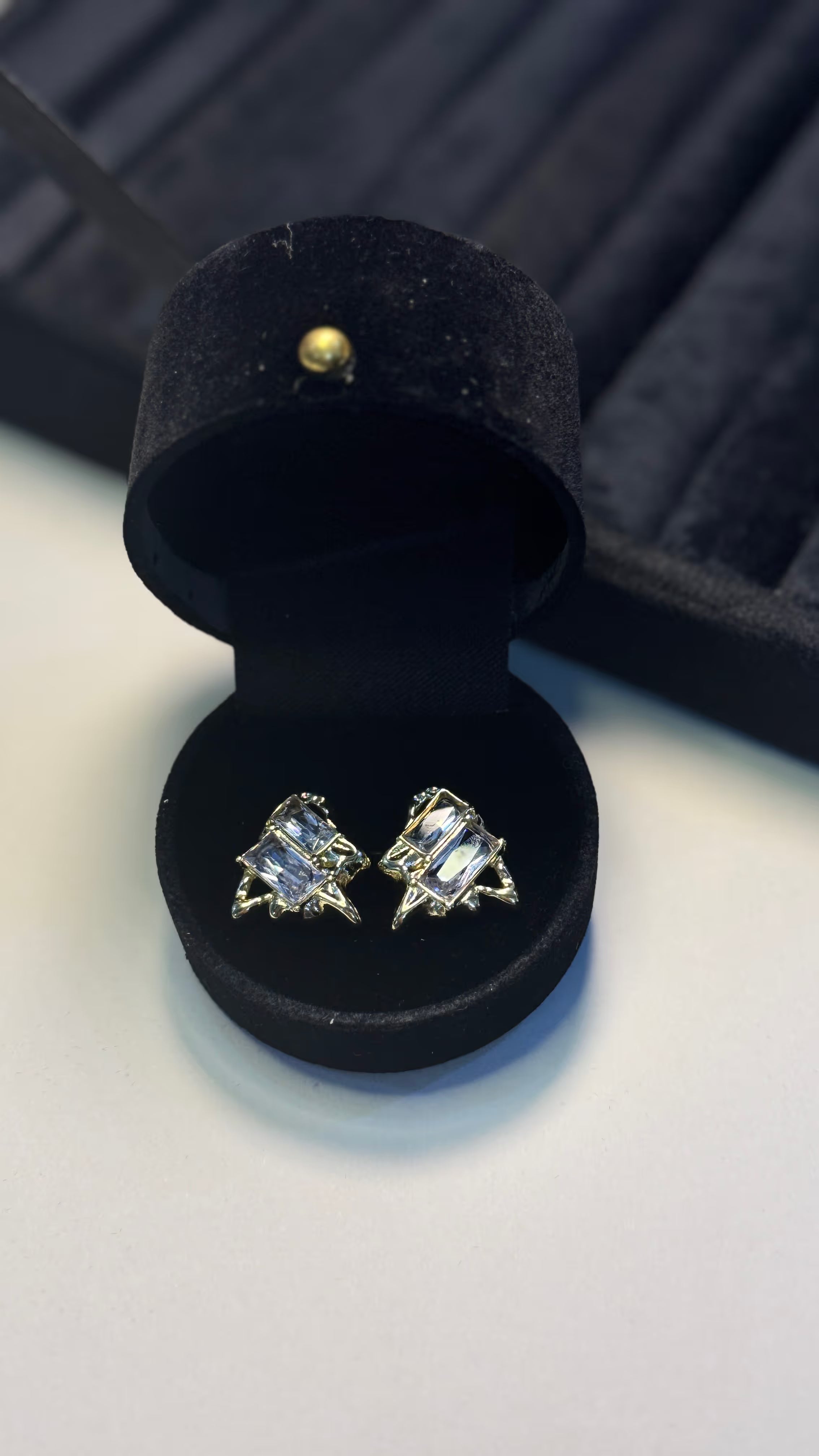 Blue Crystal Textured Gold Stud Earrings - View 6 - Shop Aizel