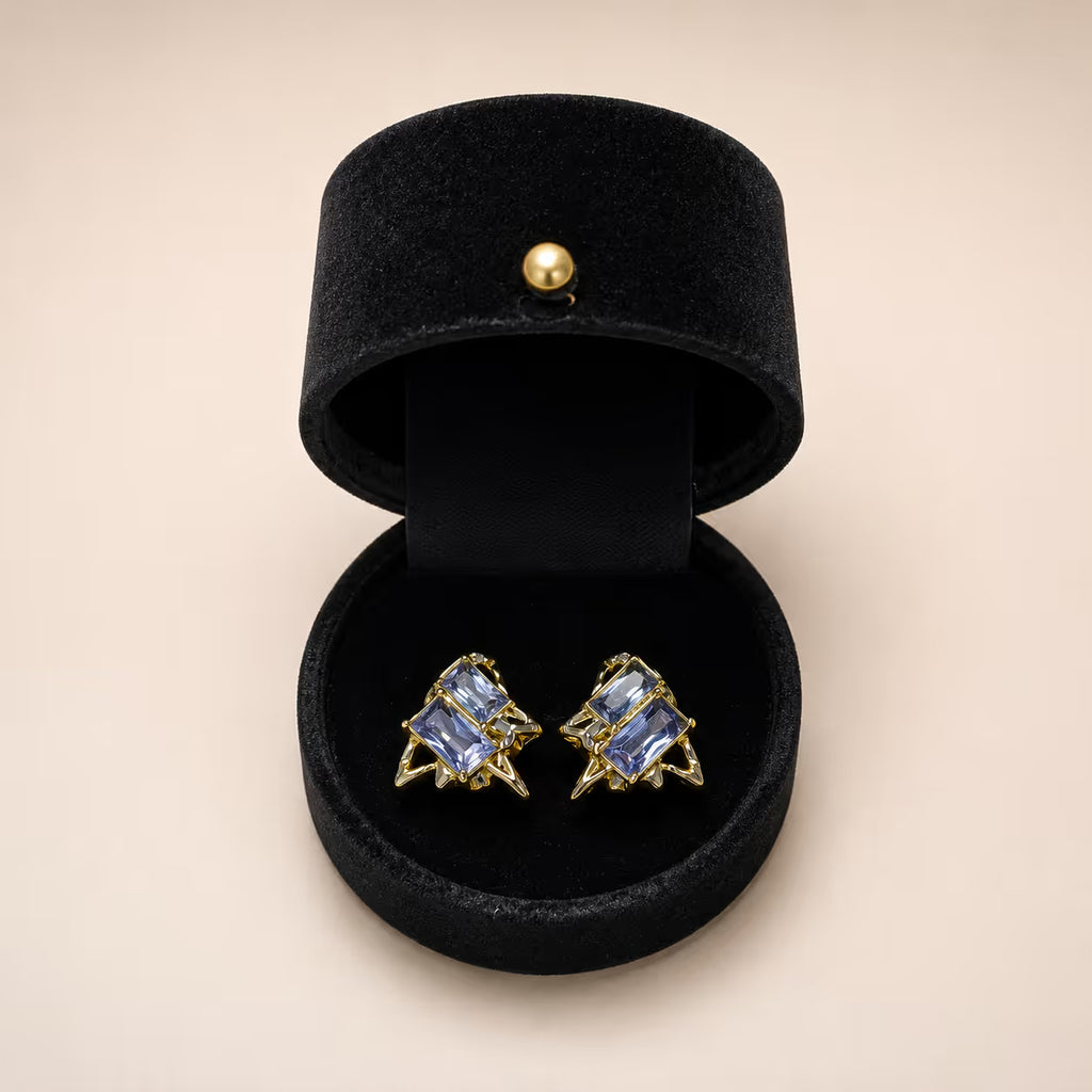 Blue Crystal Textured Gold Stud Earrings - View 1 - Shop Aizel