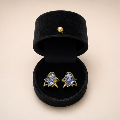 Blue Crystal Textured Gold Stud Earrings - View 1 - Shop Aizel