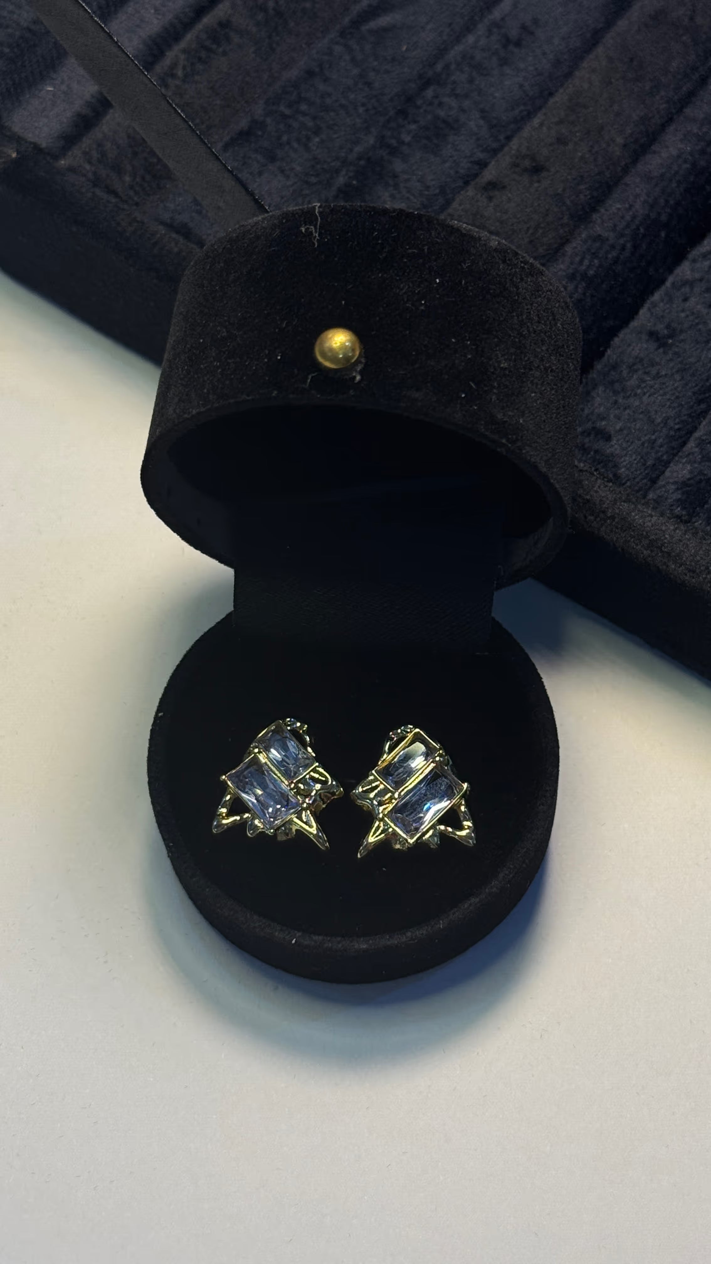 Blue Crystal Textured Gold Stud Earrings - View 8 - Shop Aizel