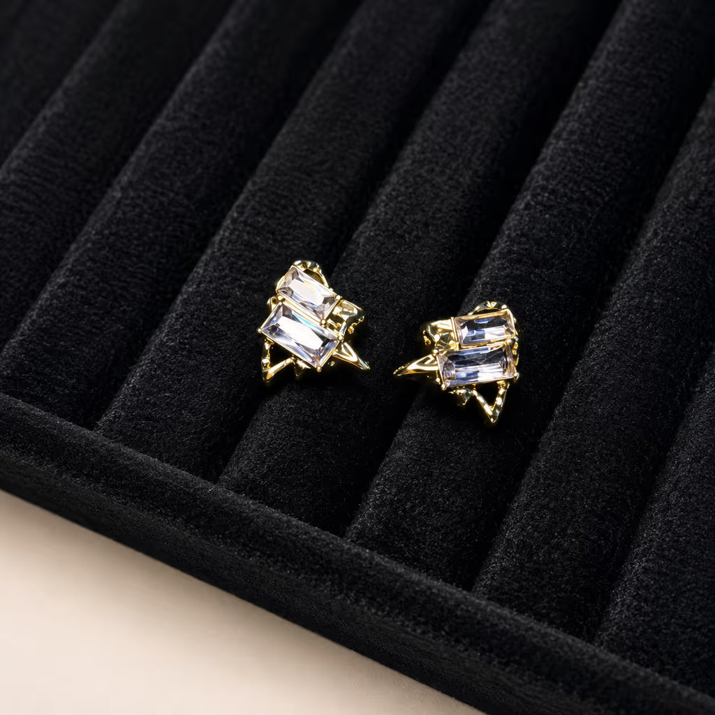 Blue Crystal Textured Gold Stud Earrings - View 4 - Shop Aizel