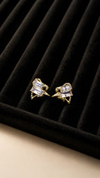 Blue Crystal Textured Gold Stud Earrings - View 5 - Shop Aizel