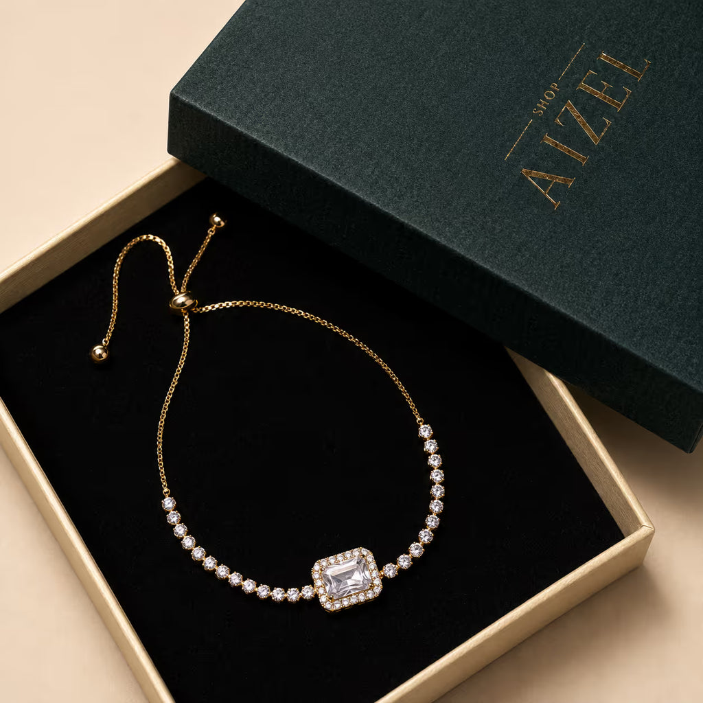 Gold Sparkling Square Zirconia Slider Bracelet - View 1 - Shop Aizel