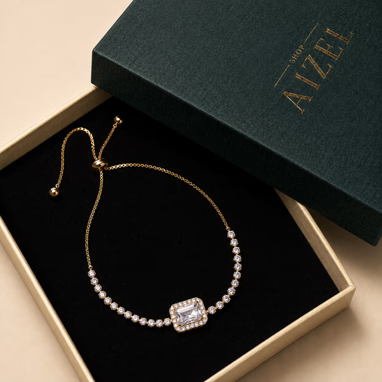 Gold Sparkling Square Zirconia Slider Bracelet - View 2 - Shop Aizel