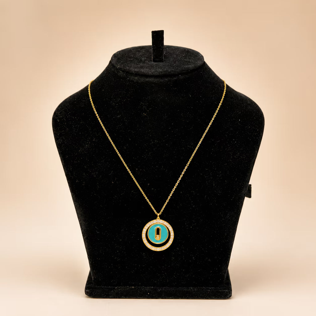 Turquoise Enamel Circle Pendant Necklace - View 1 - Shop Aizel