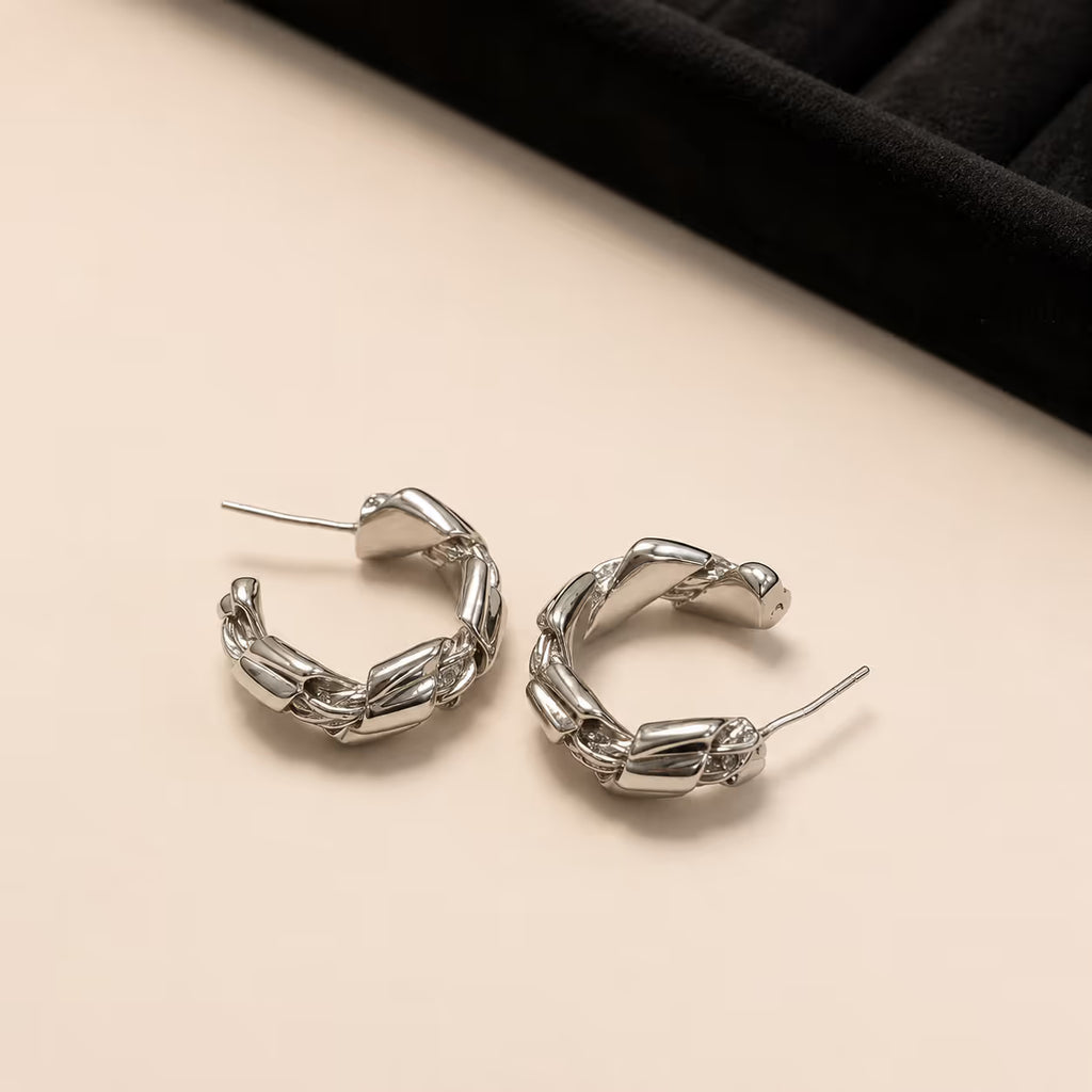 Silver Sculptural Textured Hoop Earrings - View 2 - Shop Aizel