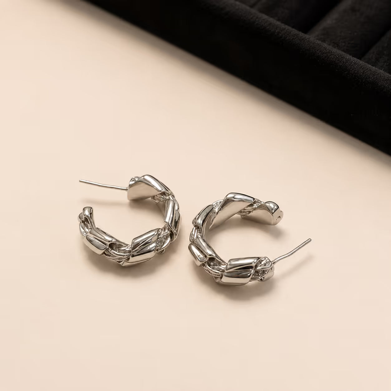 Silver Sculptural Textured Hoop Earrings - View 2 - Shop Aizel