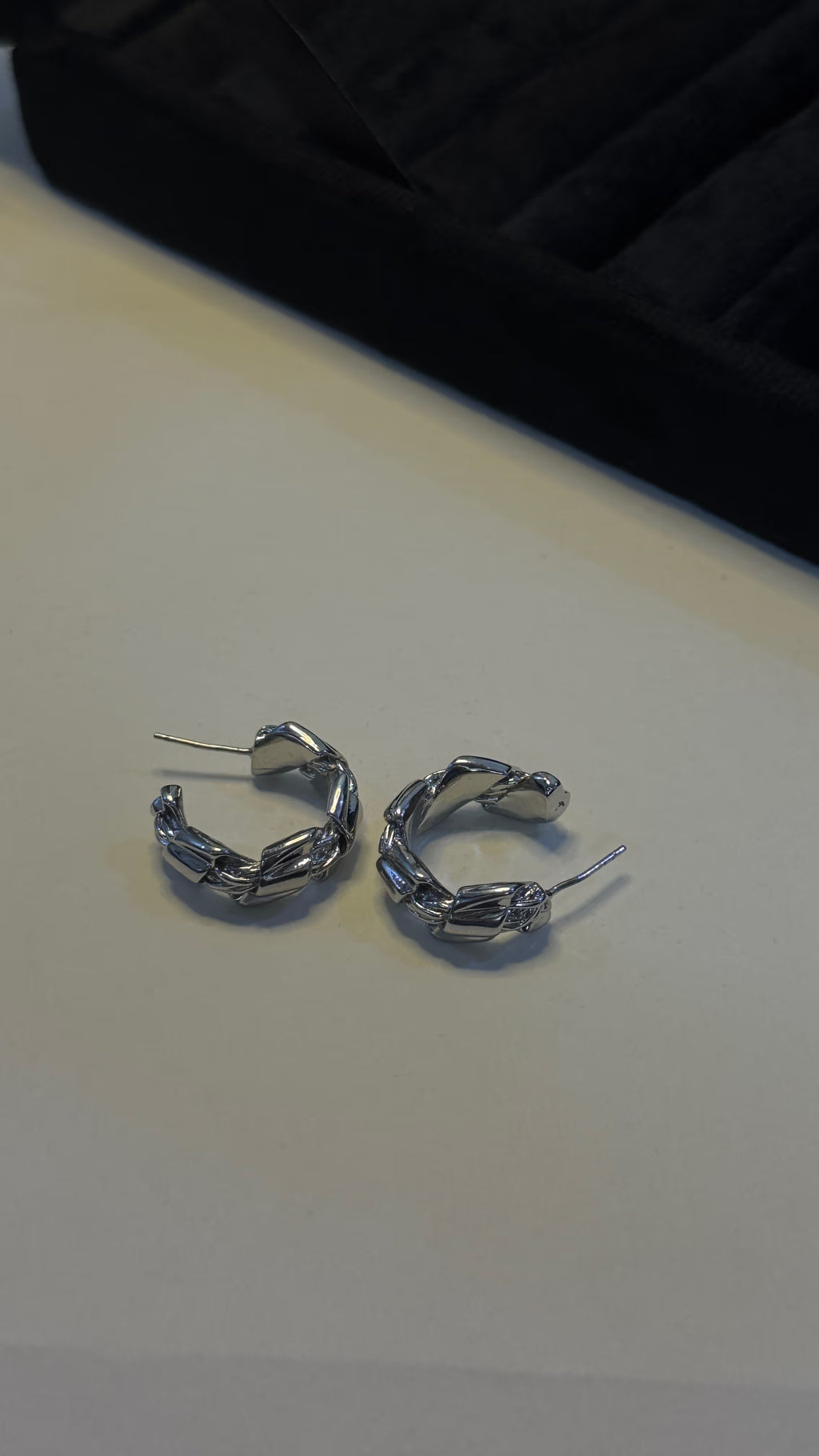 Silver Sculptural Textured Hoop Earrings - View 4 - Shop Aizel