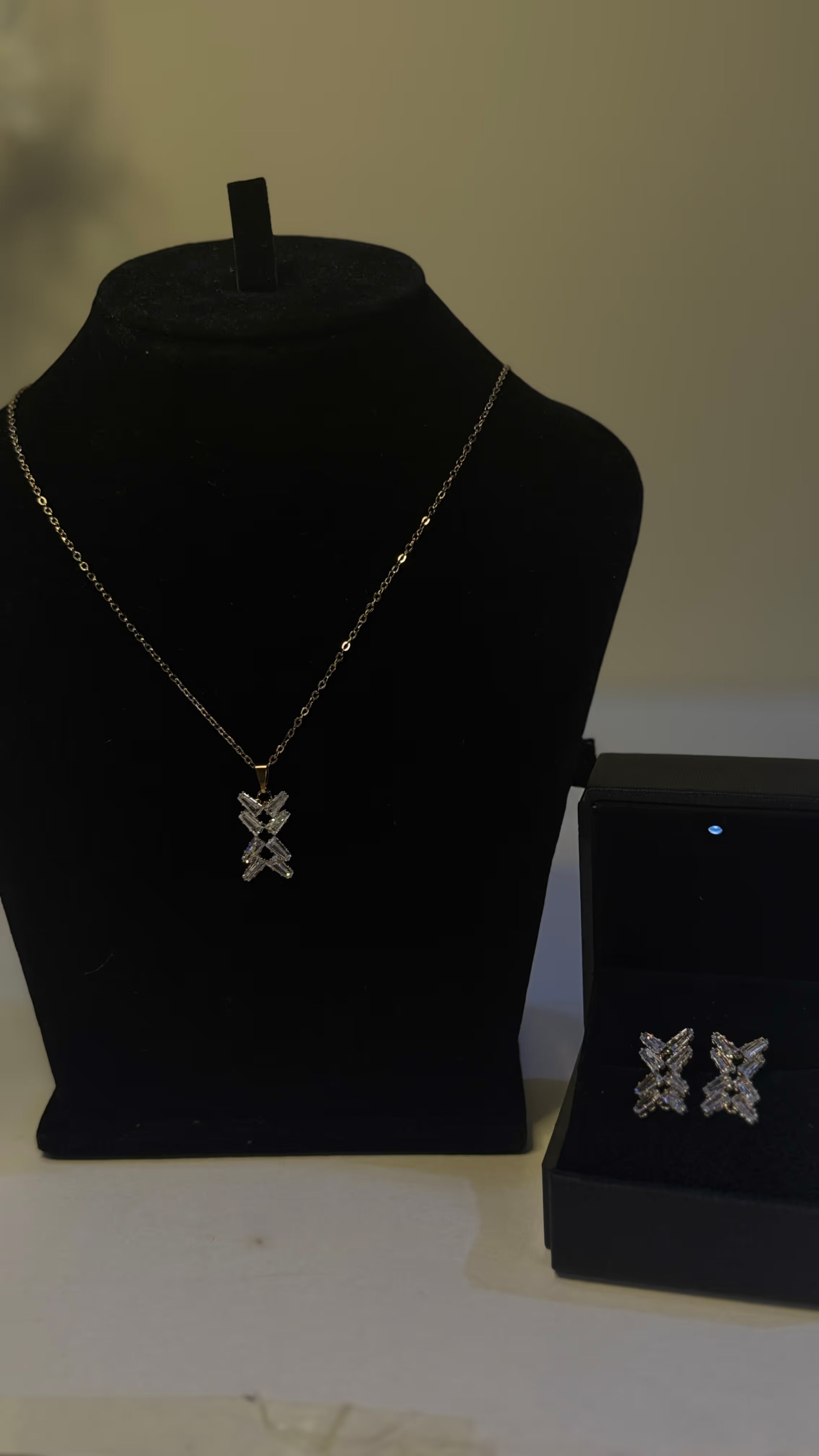 Gold CZ Baguette Cross Pendant Necklace & Earring Set - View 3 - Shop Aizel