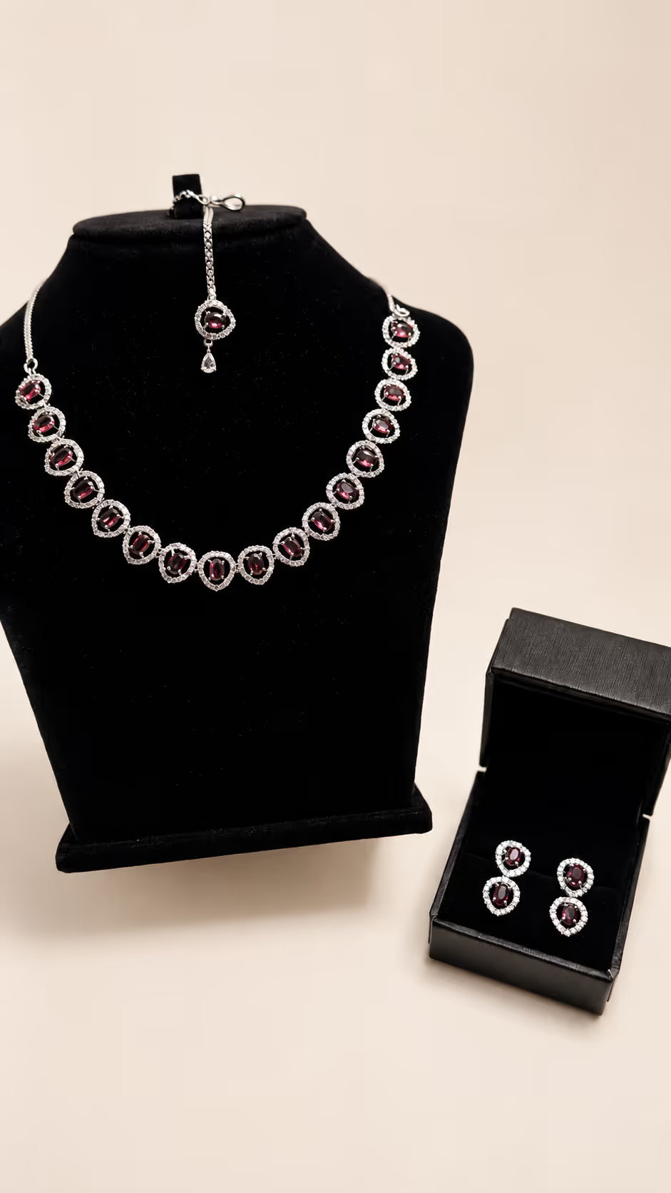 Silver-Tone Burgundy Halo Necklace & Earring Set
