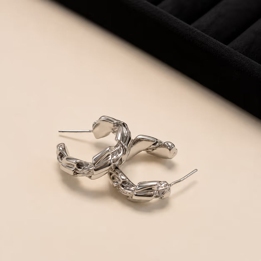 Silver Sculptural Textured Hoop Earrings - View 1 - Shop Aizel