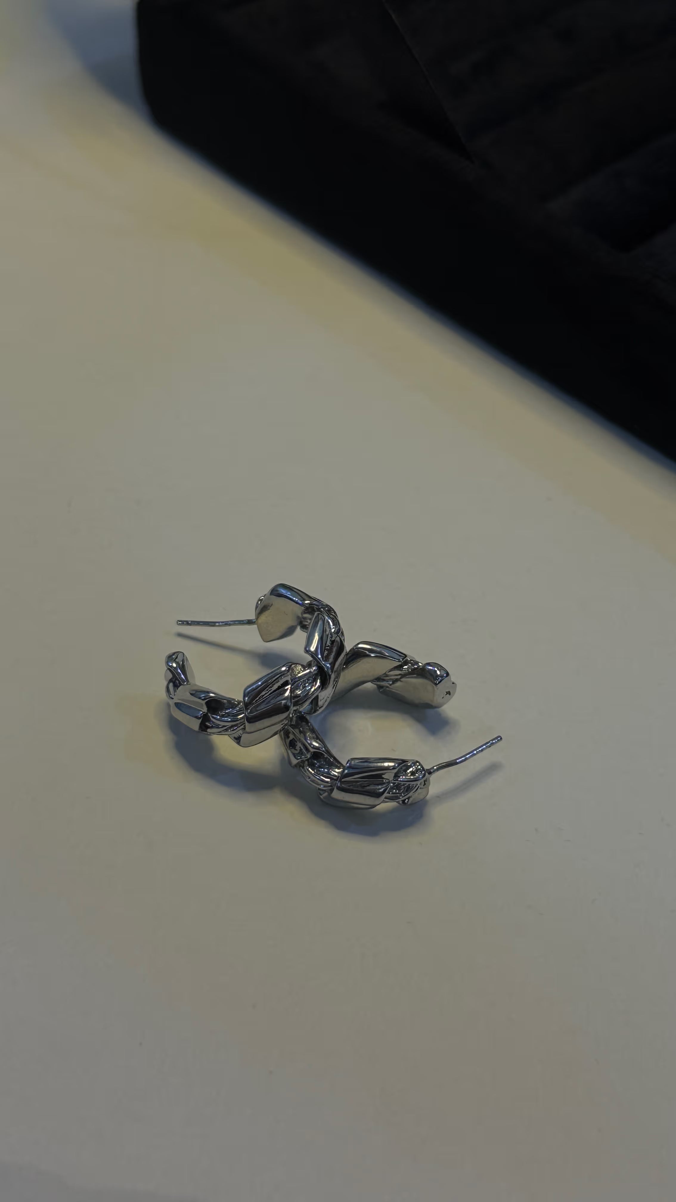 Silver Sculptural Textured Hoop Earrings - View 5 - Shop Aizel