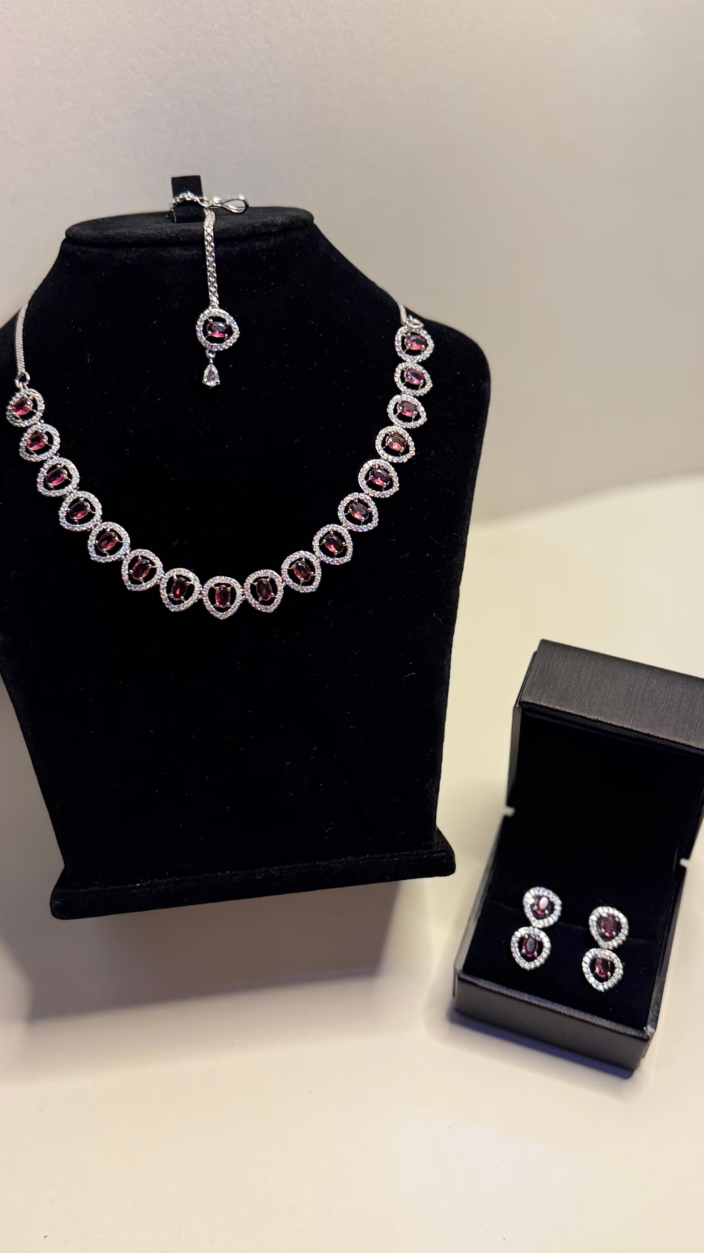 Silver-Tone Burgundy Halo Necklace & Earring Set