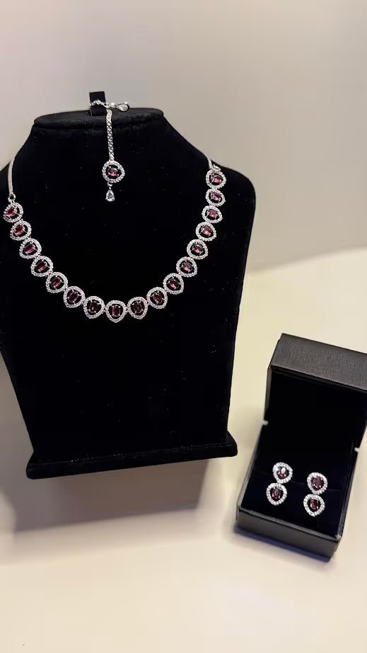 Silver-Tone Burgundy Halo Necklace & Earring Set