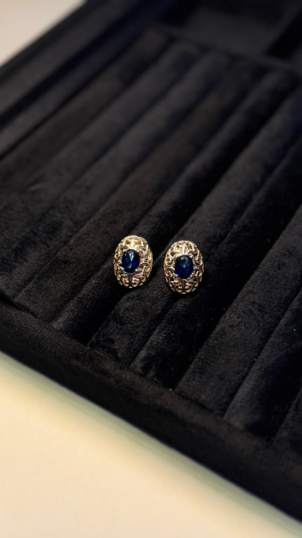 Sapphire Blue Oval Stud Earrings - View 2 - Shop Aizel