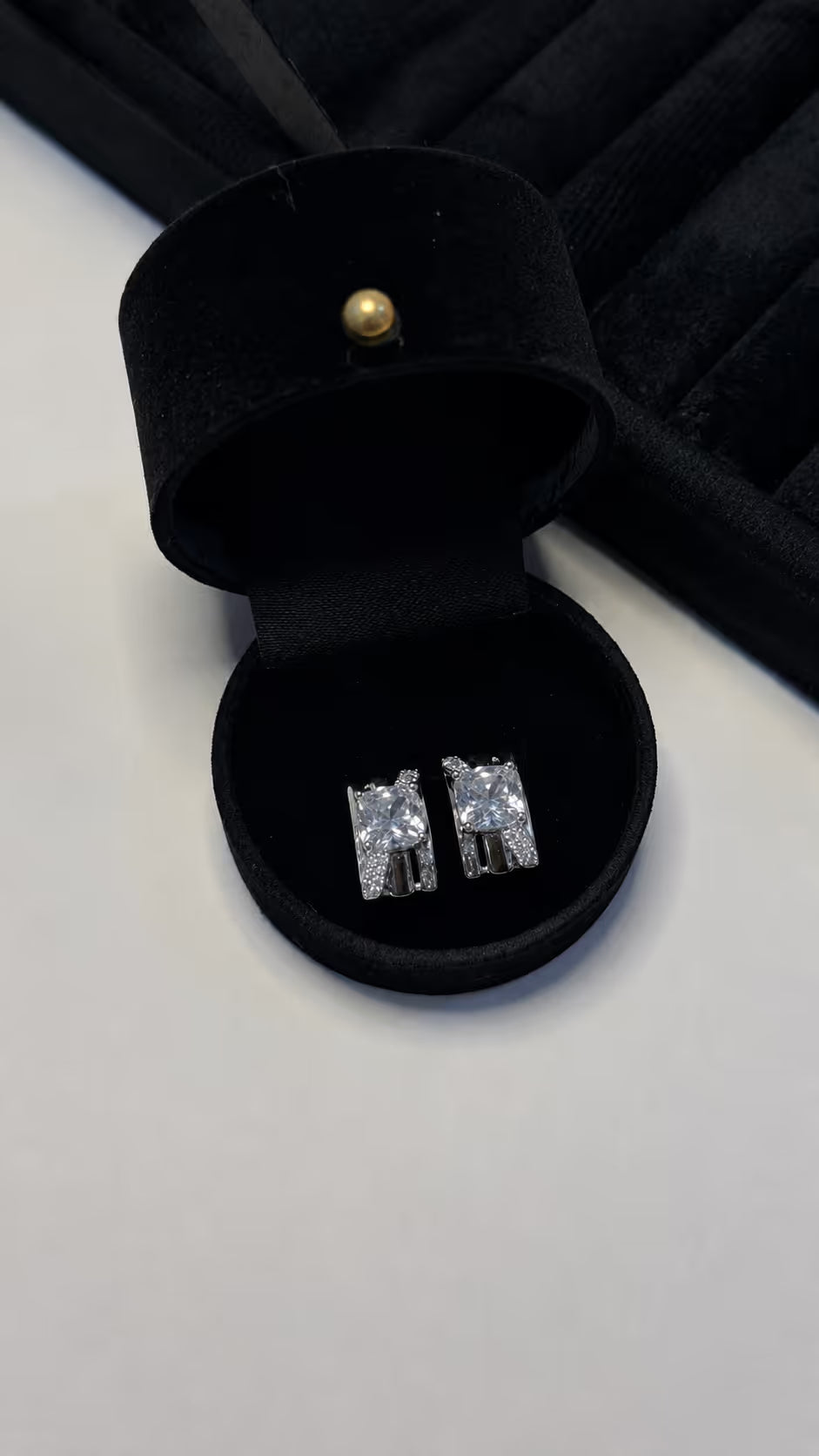 Gold Tone Cushion Cut Crystal Stud Earrings - View 2 - Shop Aizel