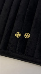 Gold Logo Emblem Stud Earrings - View 1 - Shop Aizel