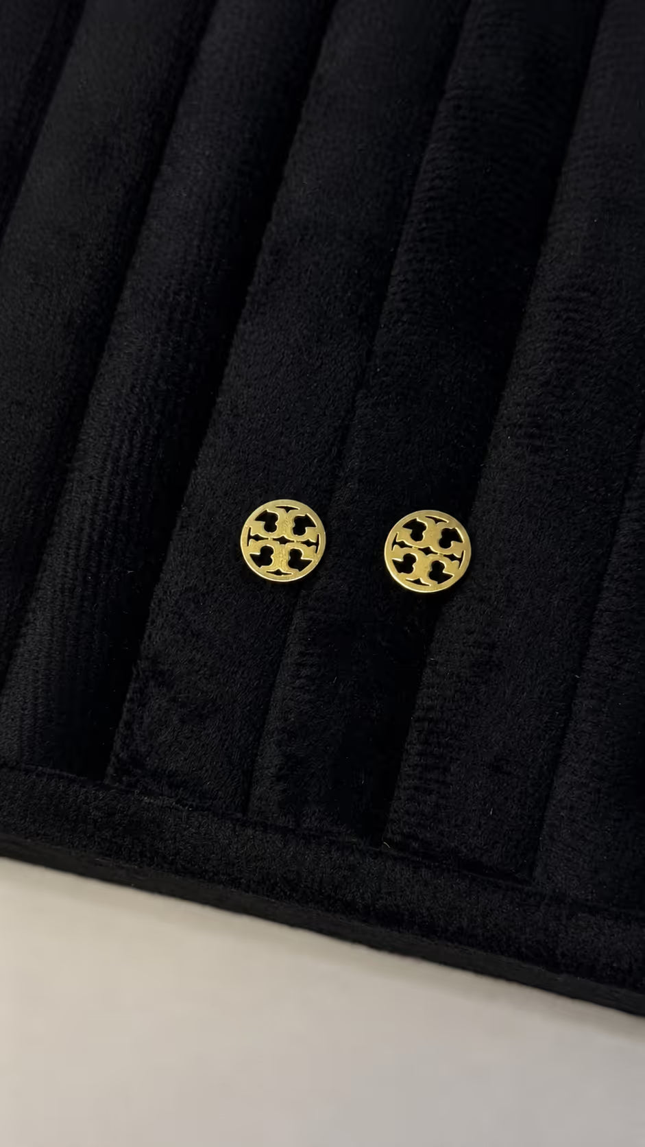 Gold Logo Emblem Stud Earrings - View 1 - Shop Aizel
