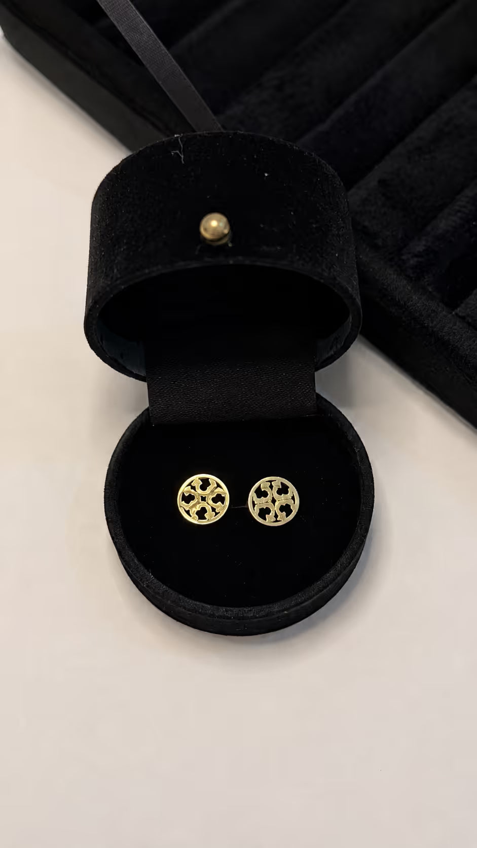 Gold Logo Emblem Stud Earrings - View 2 - Shop Aizel