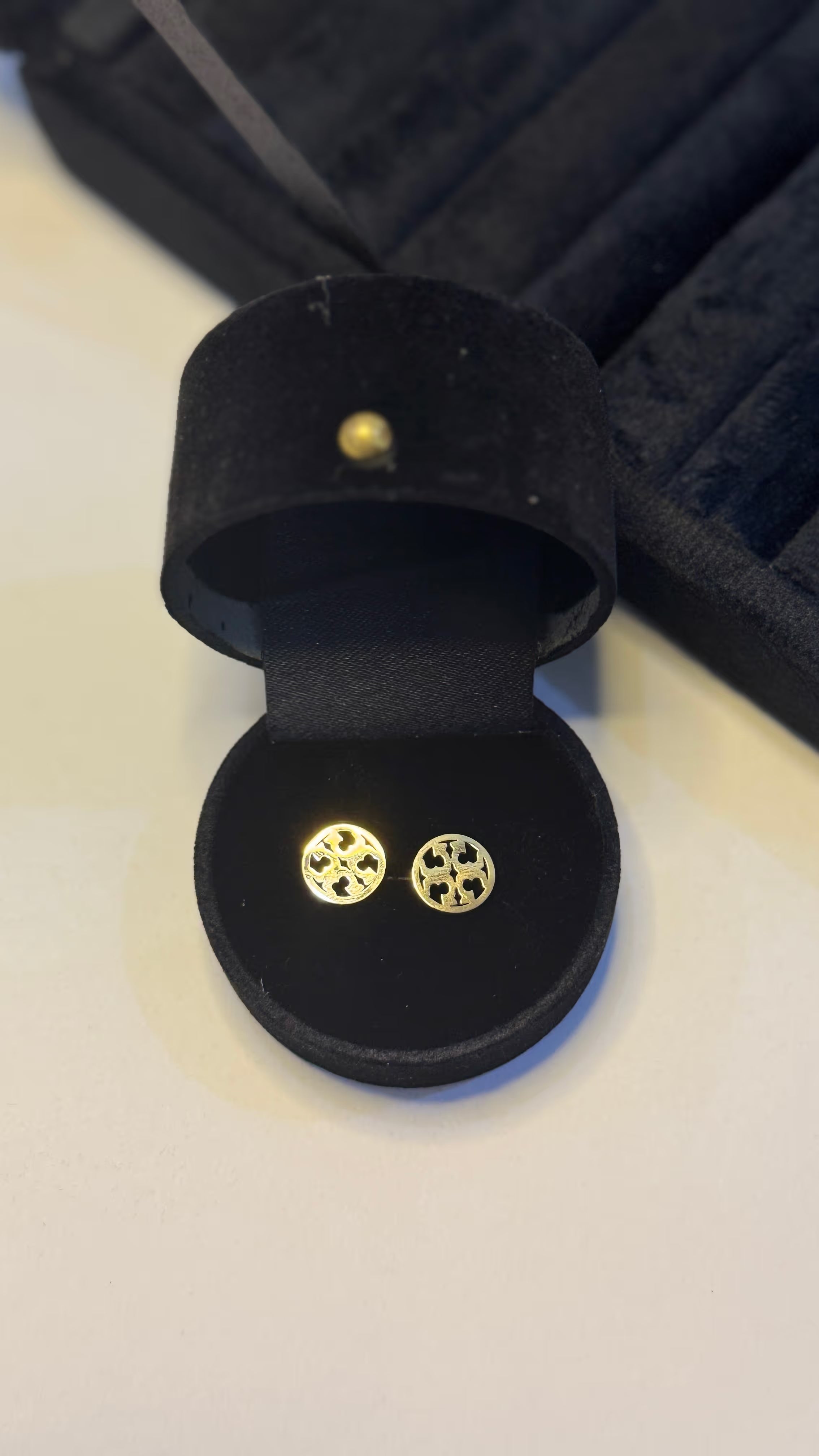 Gold Logo Emblem Stud Earrings - View 5 - Shop Aizel