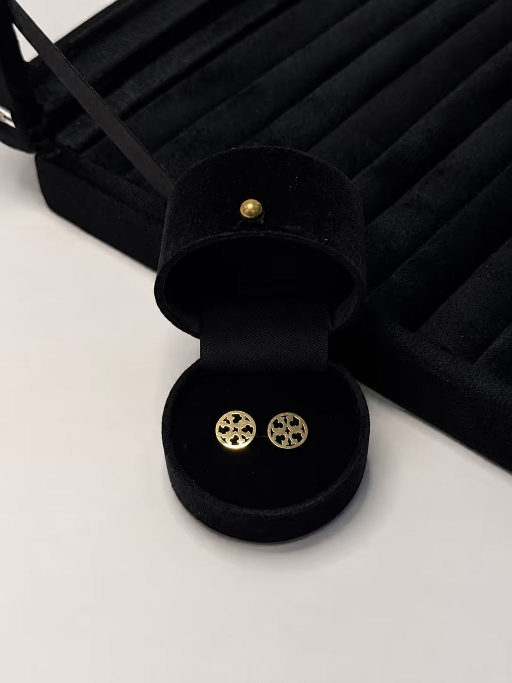 Gold Logo Emblem Stud Earrings - View 3 - Shop Aizel