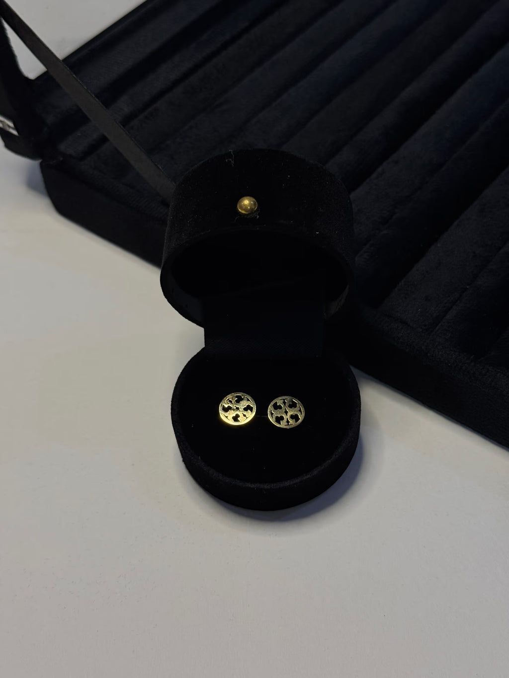 Gold Logo Emblem Stud Earrings - View 6 - Shop Aizel