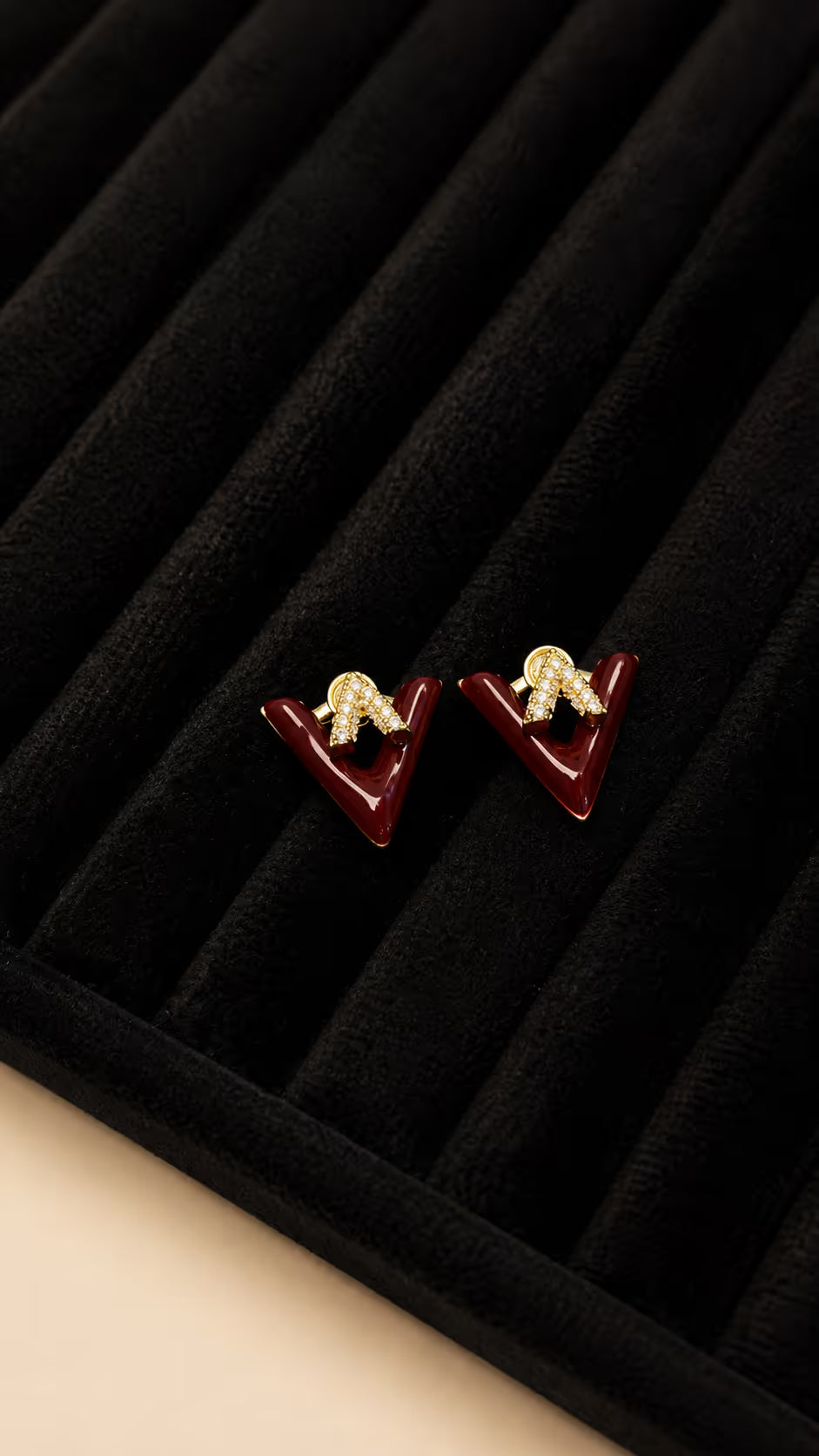 Burgundy Enamel V-Shape Stud Earrings - View 2 - Shop Aizel