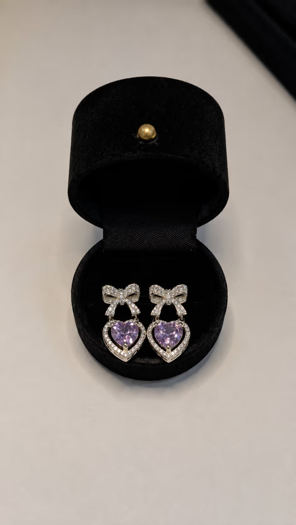 Purple Heart and Bow Crystal Drop Earrings - View 1 - Shop Aizel