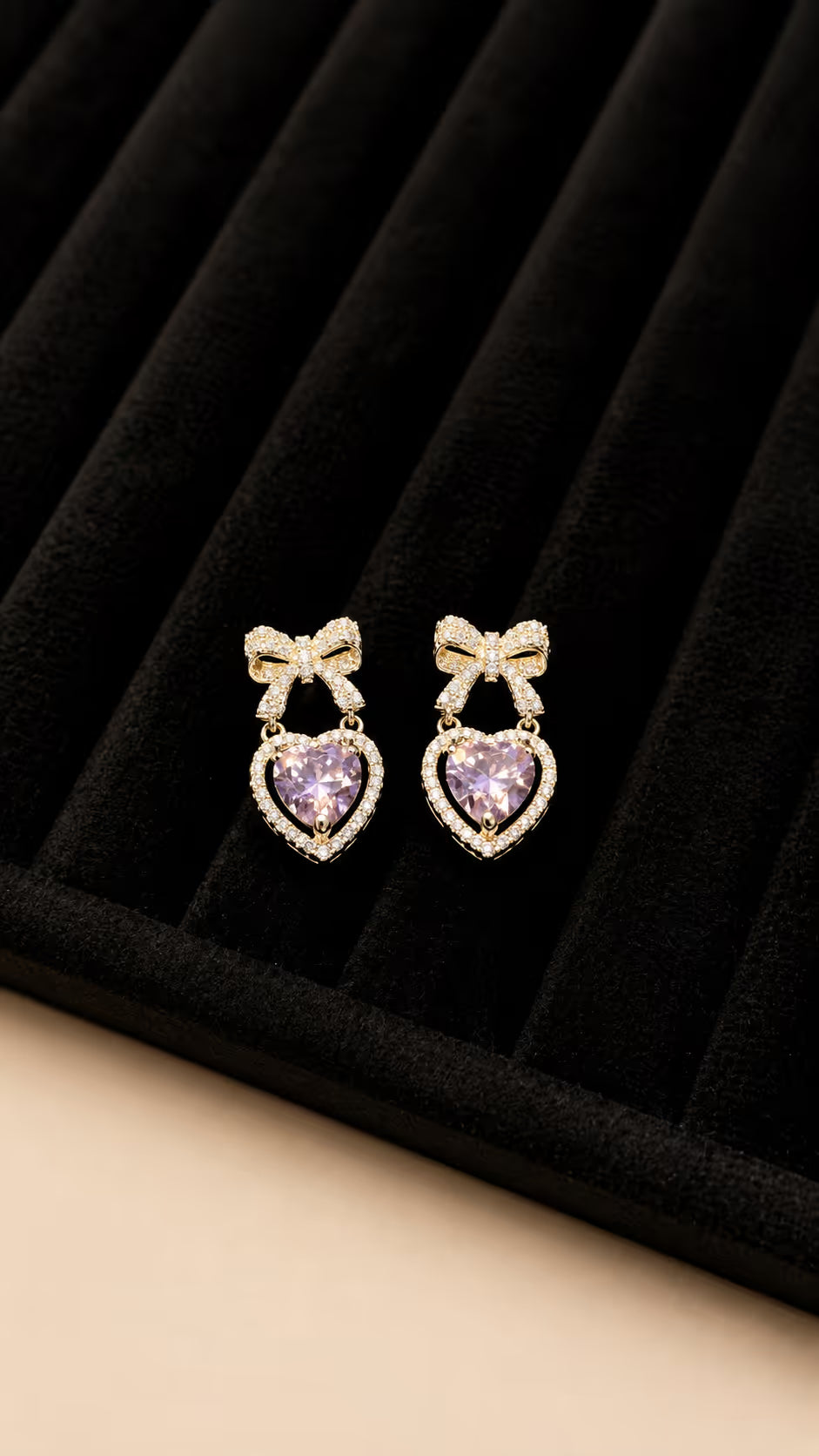 Purple Heart and Bow Crystal Drop Earrings - View 2 - Shop Aizel
