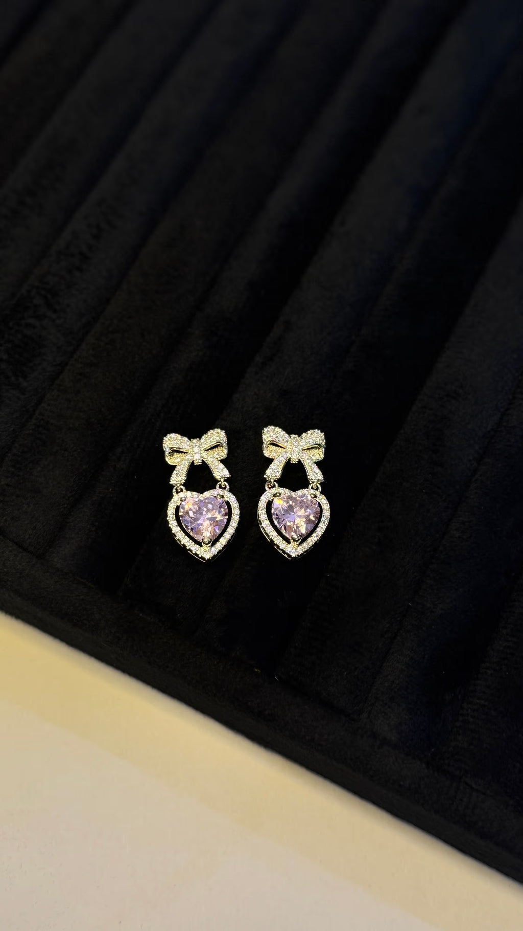 Purple Heart and Bow Crystal Drop Earrings - View 5 - Shop Aizel