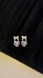 Purple Heart and Bow Crystal Drop Earrings - View 5 - Shop Aizel