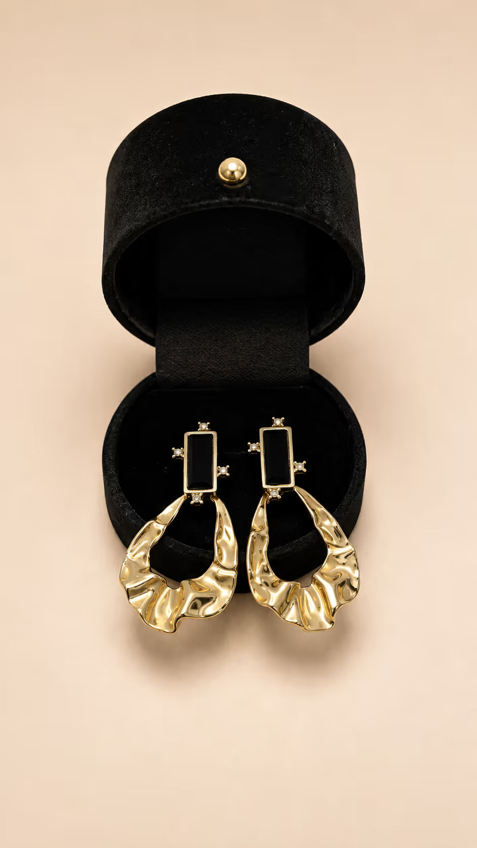 Gold Textured Drop Earrings with Black Enamel and Crystals - View 1 - Shop Aizel