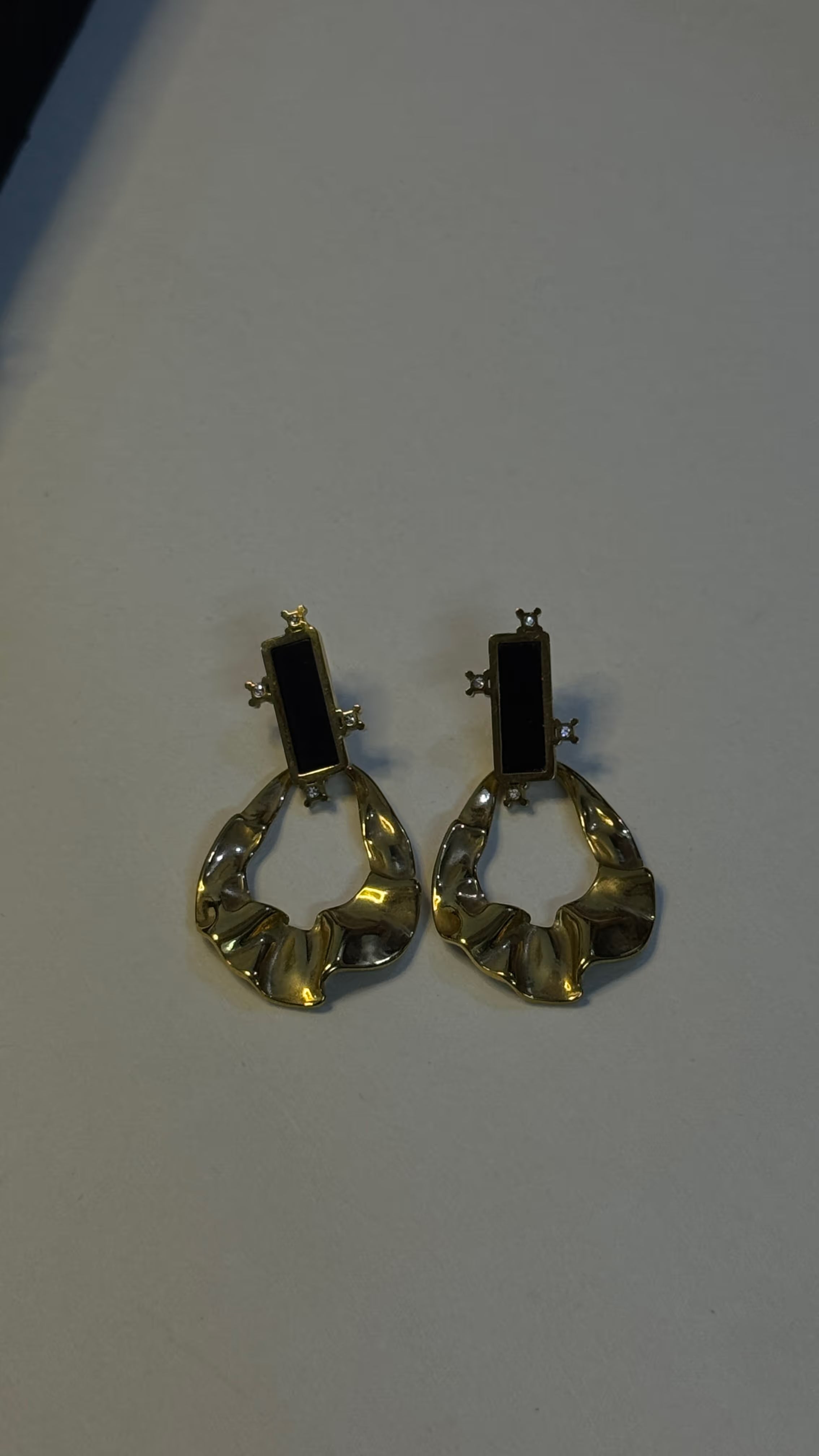 Gold Textured Drop Earrings with Black Enamel and Crystals - View 5 - Shop Aizel