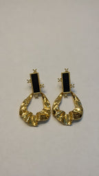 Gold Textured Drop Earrings with Black Enamel and Crystals - View 3 - Shop Aizel