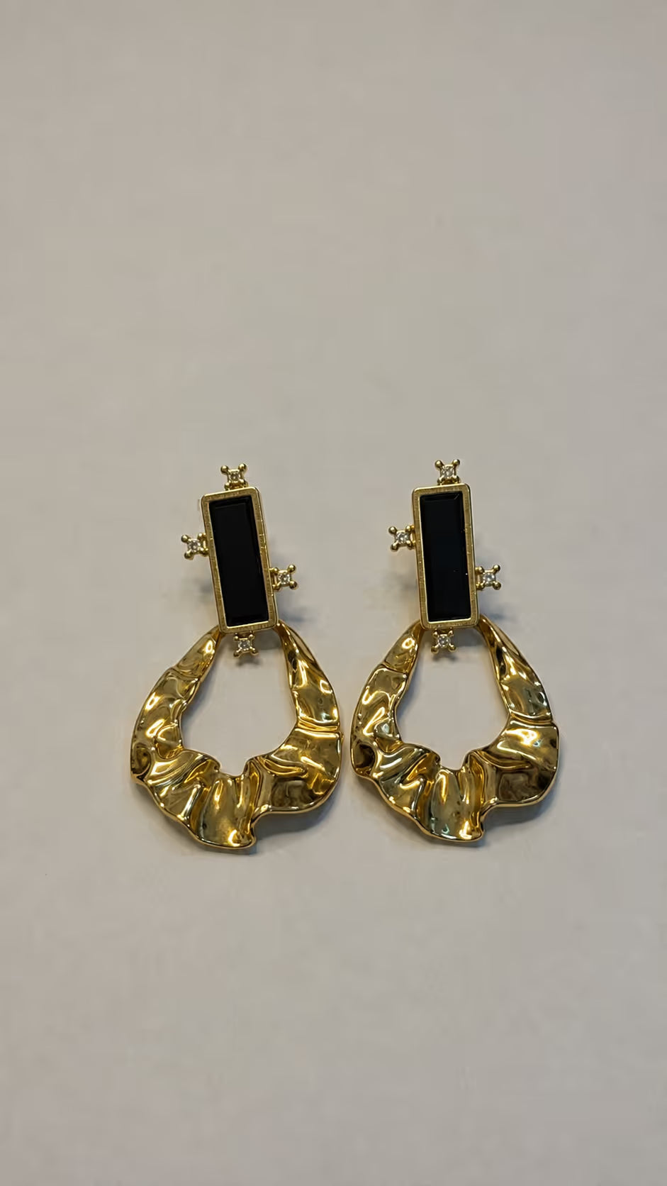 Gold Textured Drop Earrings with Black Enamel and Crystals - View 3 - Shop Aizel