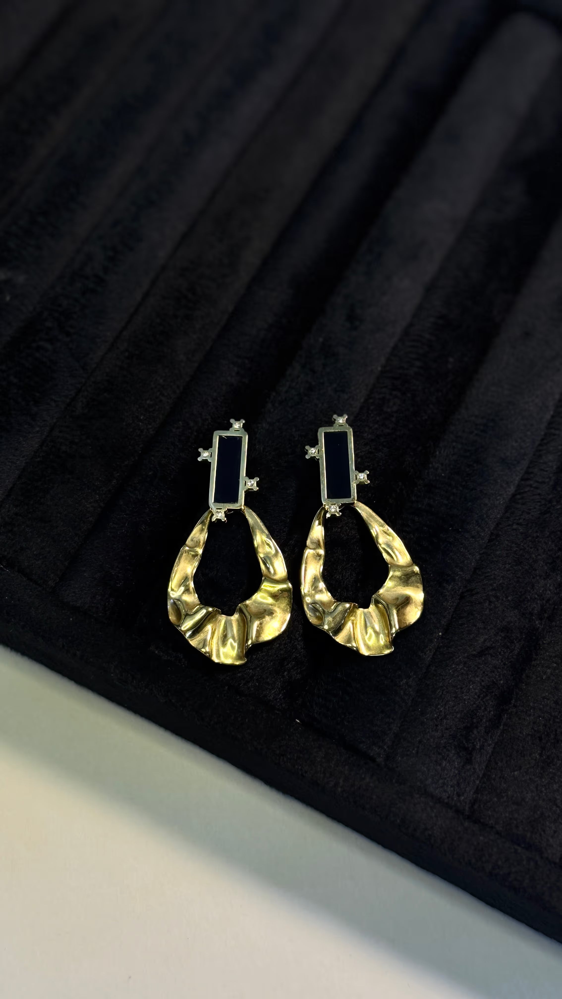 Gold Textured Drop Earrings with Black Enamel and Crystals - View 6 - Shop Aizel