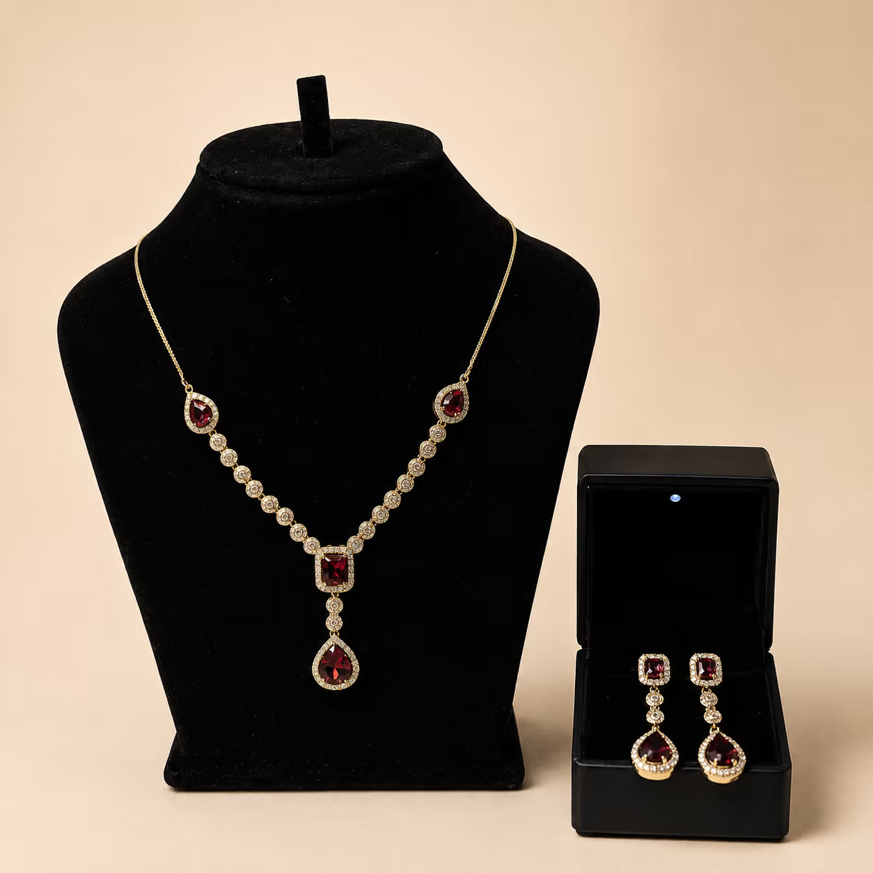 Ruby Red Drop Pendant Necklace & Earring Set - View 1 - Shop Aizel
