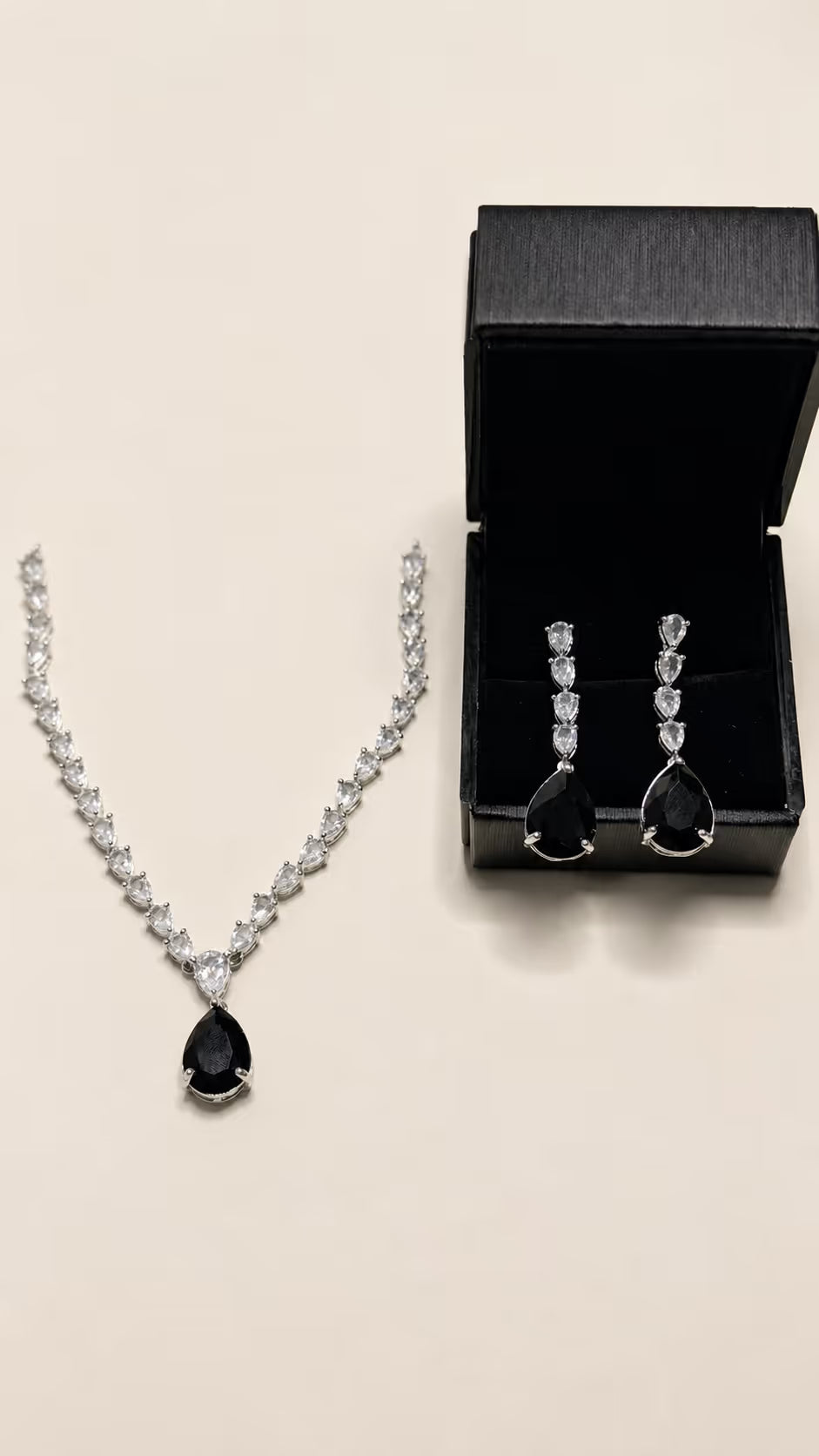 Silver-Tone Black Teardrop Necklace & Earring Set