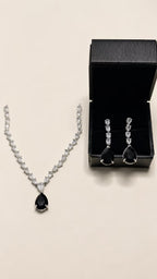 Silver-Tone Black Teardrop Necklace & Earring Set